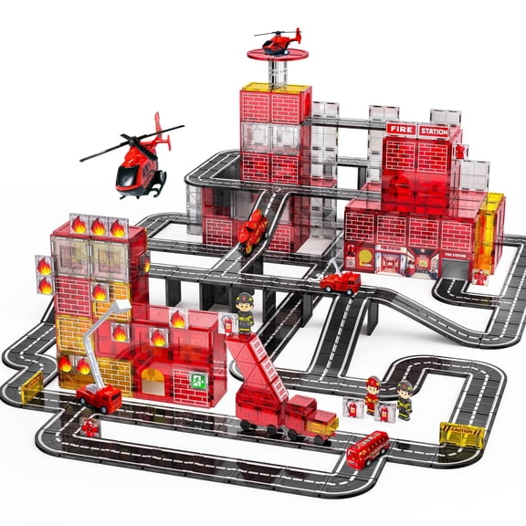 SKTMYY Magnetic Tiles Fire Truck Set, Magnetic Building Blocks with Fire Station, Crane, Road and Car, Firefighter Pretend Play, STEM Preschool Educational Toy for Boys Girls Ages 3-8