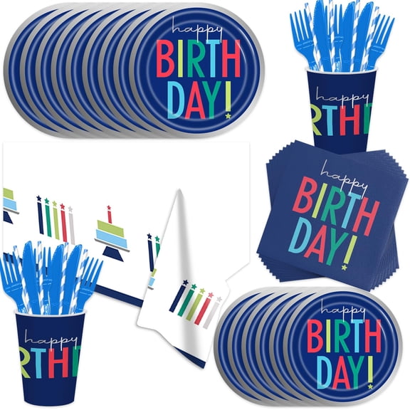141Pcs Blue Happy Birthday Plates Napkins Set Disposable Baby Boy Shower Paper Plates and Napkins Table Cover Party Supplies Navy Blue Happy Birthday Tableware Decorations for Men Serve 20 Y114