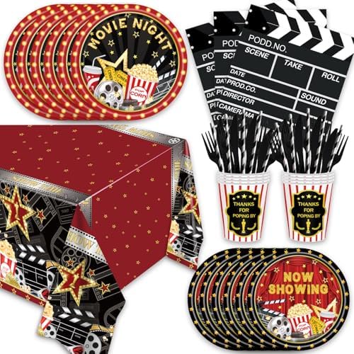 141Pcs Movie Night Decorations Birthday Baby Shower Supplies Red Carpet Birthday Plates Napkins Cups Straws Cutlery Tablecloth Sets Party Supplies Movie Night Decorations