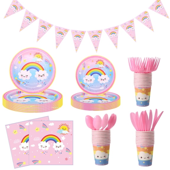 141Pcs Rainbow Birthday Decorations Tableware Complete Party Set, Includes Pastel-Rainbow Paper Pennant Plates Napkins Cups Cutlery, Serves 20 Guests