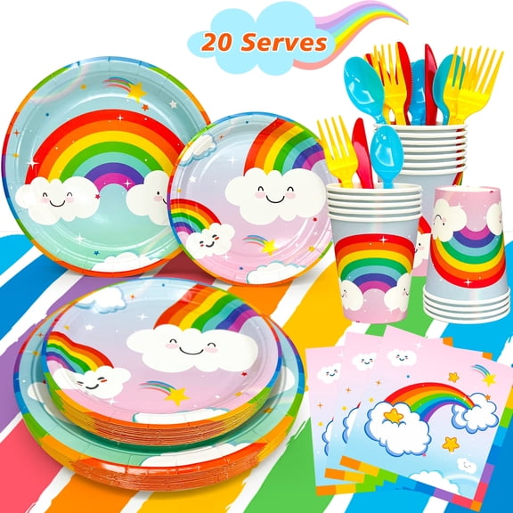 141Pcs Rainbow Themed Party Supplies Set, Disposable Plates Cups Napkins with Rainbow Tablecloth, All-in-One Decor Kit for Kids and Girls Rainbow Party Celebrations