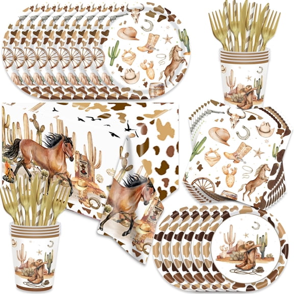 141Pcs Western Cowboy Birthday Party Decorations for 20 Guests - Wild West Party Supplies Plates and Napkins Cups Forks Cutlery Tablecloth Western Cowboy for Baby Shower Decorations Y102