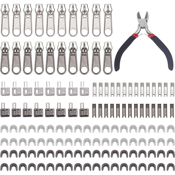 141pcs 3# Zipper Repair Kit Open-end Zipper Replacement Include Zipper Top Stopper Zipper Puller Retainer Insertion Pin Zipper Install Pliers for Fixing Coats Jackets