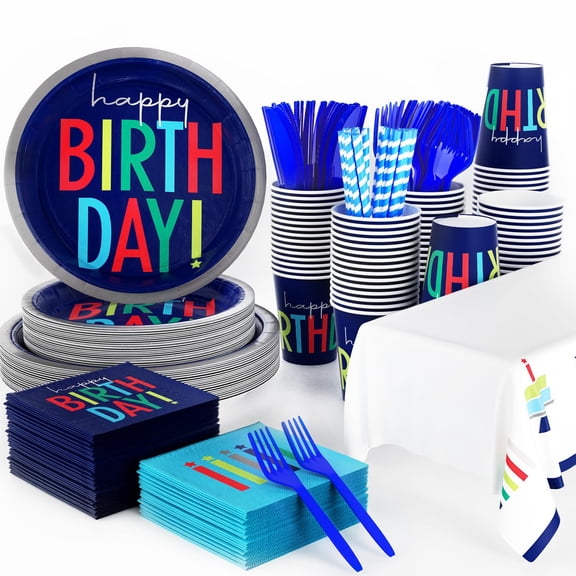 141pcs Dark Blue Happy Birthday Decoration Dark Blue Birthday Decorations Plates Napkins Forks Knives Straws Tablecloth Cups for Men Women Birthday Party Supplies,Suitable for 20 Guests Y114