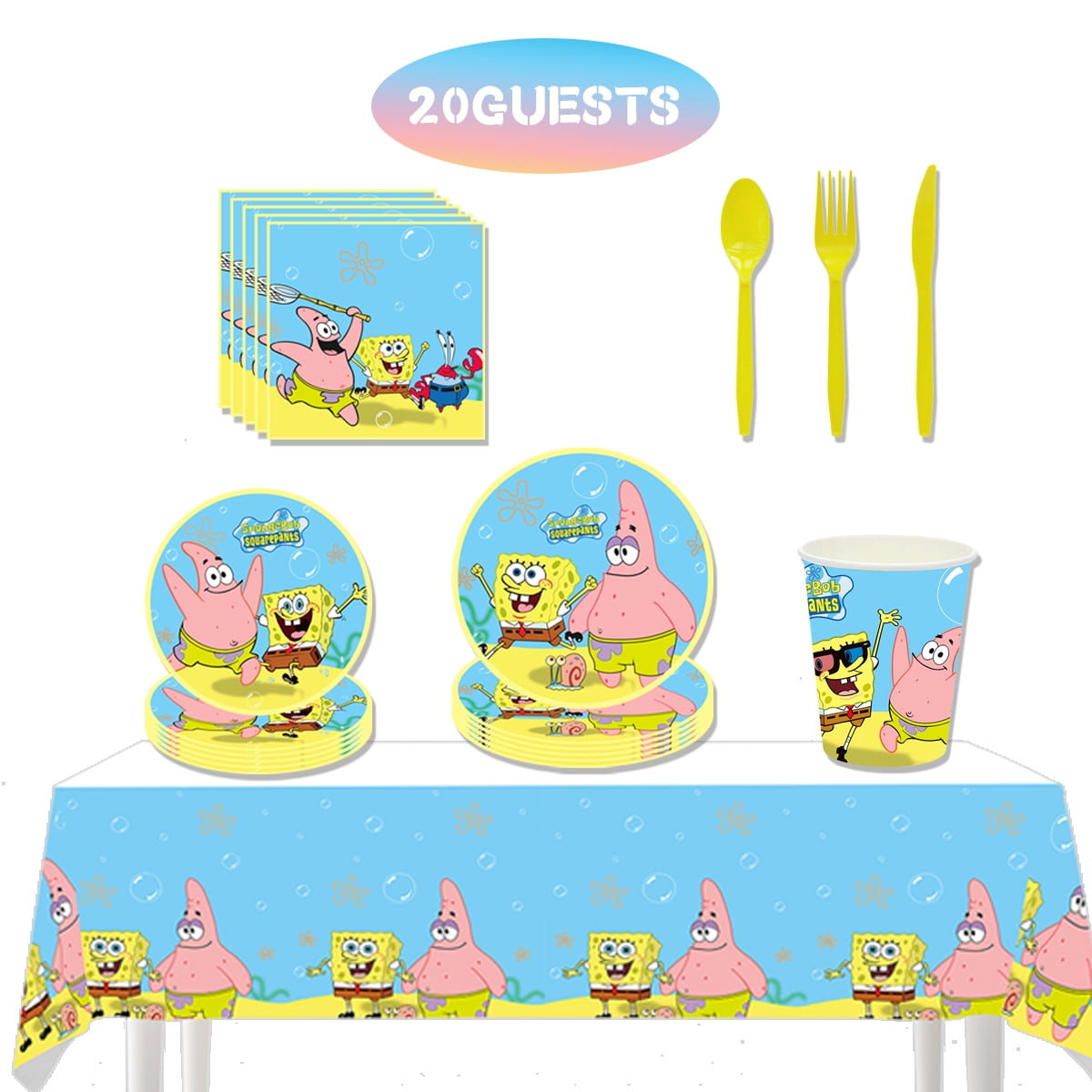 141pcs SpongeBob SquarePants Party Supplies Tableware Plates Napkins Cups Cutlery Sets and Tablecloth,Spongebob Birthday Party Decorations,Serves 20 Guests