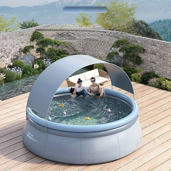 142*30in Large Inflatable Pool with Canopy, Outdoor Round Family Swimming Pool, Oversize Thickened Blow Up Pool for Backyard, Garden
