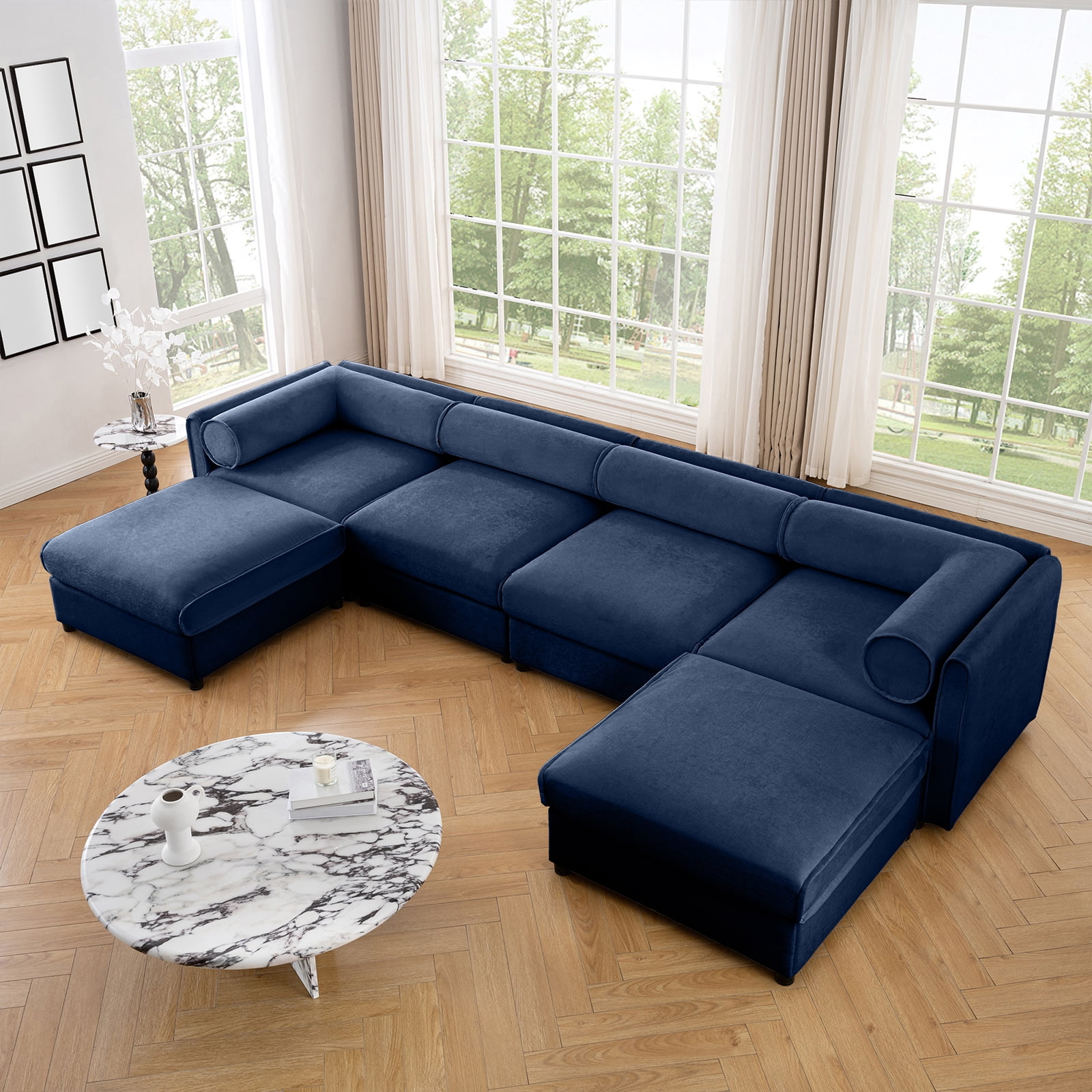 142.5" Blue Oversized Modular Sectional Sofa, 4 Seater Large Sectional