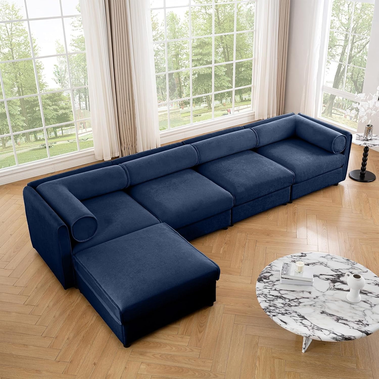 142.5'' Deep Seat Chenille L Shape Storage Seat with Ottoman,Cylindrical Backrest & Armrest Design,Modern 4-Seater Sectional Couches for Living Room, Office, Apartment - Green
