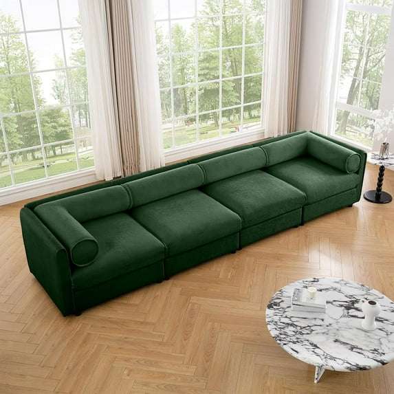 142.5'' Deep Seat Chenille Storage Seat,Cylindrical Backrest & Armrest Design,Modern 4-Seater Sectional Couches for Living Room, Office, Apartment - Green