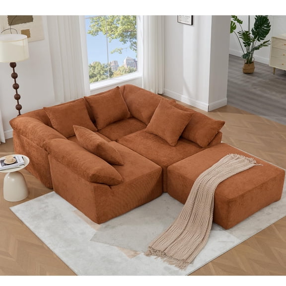 142" Chenille L-Shaped Modular Sectional Sofa with 4 Armrest Pillows & 4 Throw Pillows, 5-Seater Oversized DIY Deep Seat Sleeper Couch with Ottoman for Living Room