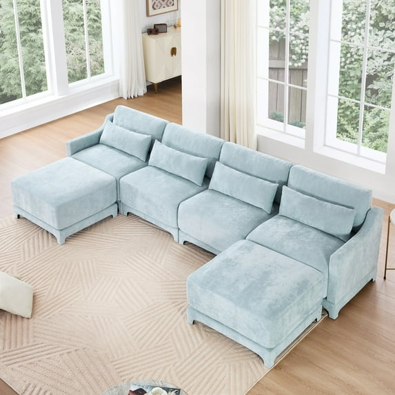 142 Inch Oversized Modular Sectional Sofa with 11.8 Inch Thick Cushions U Shaped Chenille Couch for Living Room with Movable Ottoman and Lumbar Pillow Blue