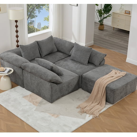 142" L Shaped Couch Sectional, 5 , Chenille Gray, Convertible Sleeper, Comfortable, Combined Modules, Foam Padding Modular 5 Piece, To Bed, Comfort, Combination, Fill