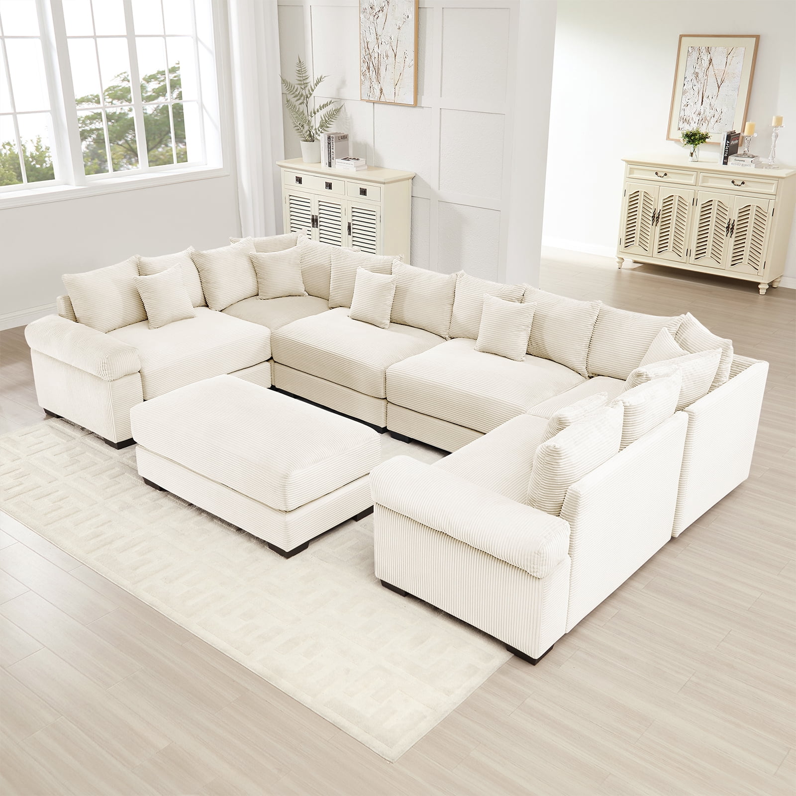 142" Modern Corduroy Sectional Couches for Living Room, Comfortable Corner Couch Sofa, Beige 4 Seater Corner Couch with 1 Ottoman for Flexible Layout, Muebles para la Sala