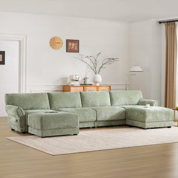 142" Modular Chenille Sofa | Extra-Wide Seat & Charging | Free Ottoman