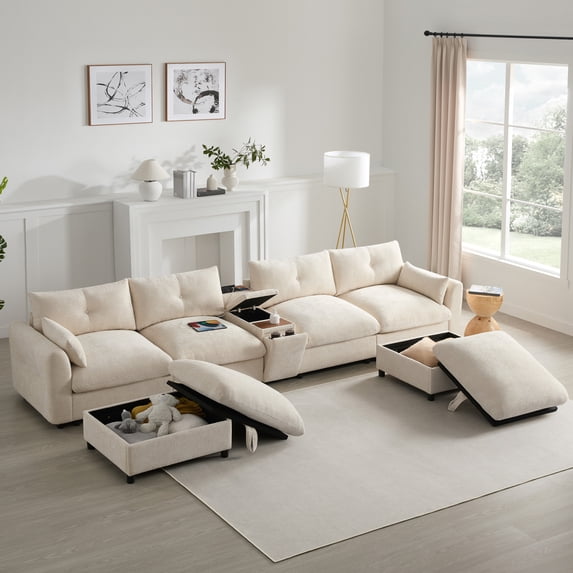 142" Modular Sectional Sofa with Charging and Console, U-Shaped Cloud Couch with Cup Holders and Storage Ottomans, 6 Seater Chenille Deep Seat Sofa with 330LBS/Seat for Huge Person, Beige