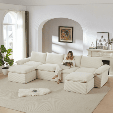 142" Modular Sectional Sofa, Modern Fabric Couch, Free Combination Upholstered Cloud Sofa with Plush Corduroy Multi functional High Density Sponge for Living Areas, White
