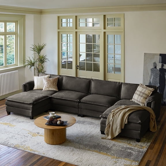 142" Oversized 6-Seater Sectional Modular Sofa Couch with Storage and Dual-Layer Cushions Dark Gray