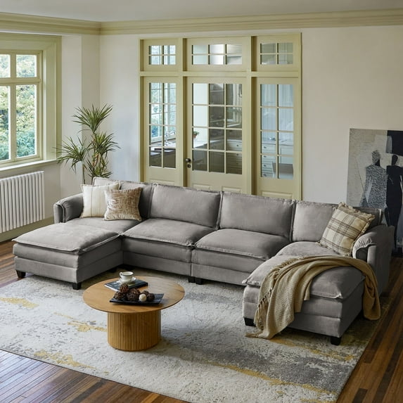 142" Oversized 6-Seater Sectional Modular Sofa Couch with Storage and Dual-Layer Cushions Light Gray