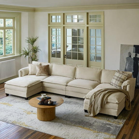 142" Oversized 6-Seater Sectional Modular Sofa Couch with Storage and Dual-Layer Cushions Beige