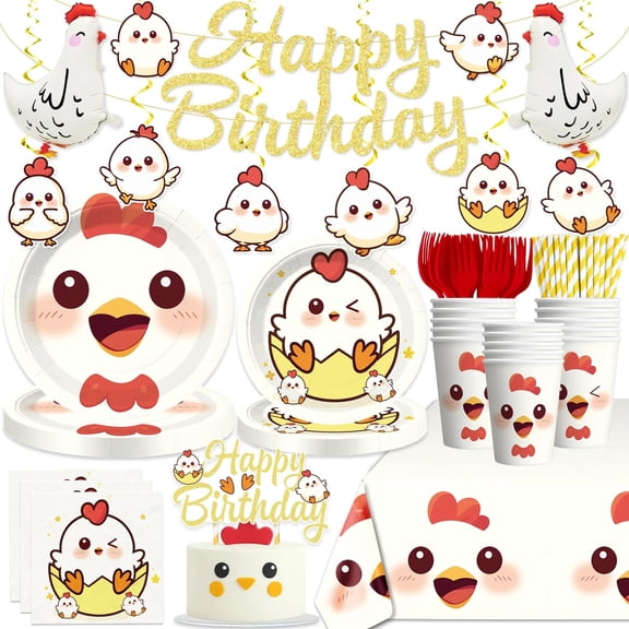 142 Pcs Chicken Birthday Decorations Farm Animal Chicken Theme Banner Balloons Cake Decorations Plates Napkins and Tablecloth Birthday Decorations Little Chick Party Supplies Chicken Decor Y101