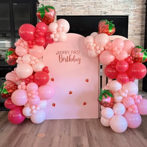 142 Pcs Strawberry Balloon Garland Arch kit,Red,Pink,Light Pink,Strawberry Foil Balloon for Berry First birthday Decorations,Baby shower,Strawberry Party Decorations