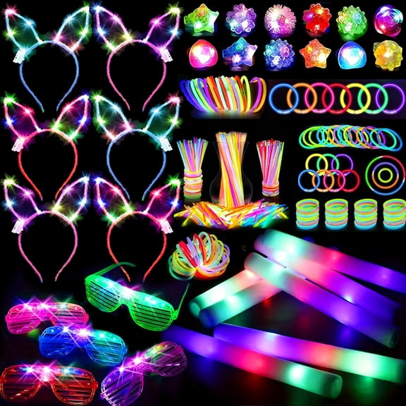 Micrency  142Pcs Glow in the Dark Party Supplies Light Up Toys Dance Party Favors for Kids,Carnival Neon Toys Bulk Party Pack With Glow Sticks, Glasses, LED Foam Light Sticks, Ring、Hairbands
