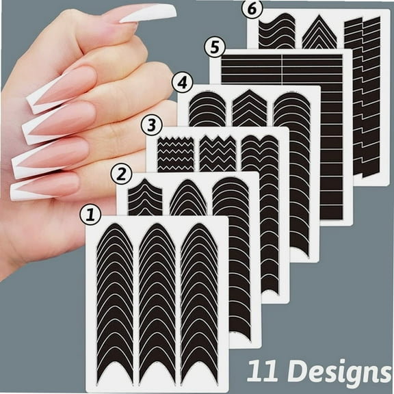 1422 Pcs French Tip Nail Guides, Self-Adhesive French Moon Shaped V-Shaped Manicure Strip Stickers for Edge Auxiliary Black DIY Decoration Stencil Tools(11 Designs, 36 Sheets)