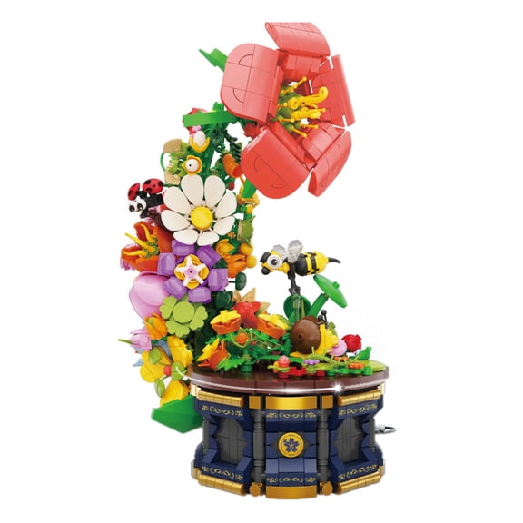 1426 Pcs Jungle Flower Music Box Building Block Set, Rotating Wind Up Melody Assembly Model Kit for Desktop Decoration, Creative Easter Gift for Adults, DIY Assembly Kit ABS Construction Toy