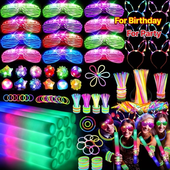142PCS Glow Party Favors Set: 100 Glow Sticks, 12 Foam Sticks, 12 LED Glasses, 6 Headbands & 12 Finger Lights - Light Up Toys Pack for Kids Adults Christmas Birthday Wedding Rave Concert Supplies