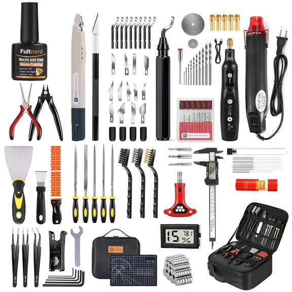 142Pcs 3D Printer Tools Kit with 4-Layer Slotted Case, 3D Printer Accessories - Cordless Rotary Tool, Heat Gun, PTFE Nozzle Anti-Stick, Deburring Tool for Bambu Lab, , Ender 3,
