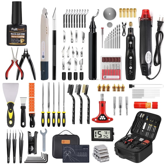142Pcs 3D Printer Tools Kit with 4-Layer Slotted Case, 3D Printer Accessories - Cordless Rotary Tool, Heat Gun, PTFE Nozzle Anti-Stick, Deburring Tool for Bambu Lab, , Ender 3,
