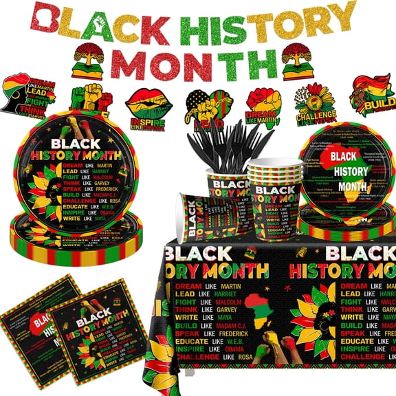 142Pcs Black History Month Party Supplies Happy Black History Month Plates and Napkins African American Tableware Set for Happy Juneteenth Freedom Day Party Black History Month Party Decorations Y102