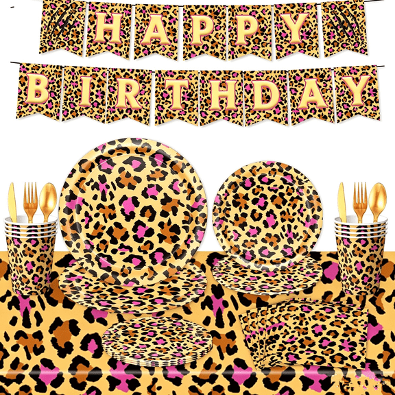 142Pcs Pink Leopard Party Supplies Set, Include Disposable Paper Plate, Napkins, Cups, Banner, Plastic Tablecloth, Cutlery for Animal Leopard Birthday Cheetah Theme Party Decorations, Serves 20
