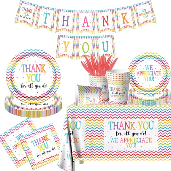 142Pcs Thank You Party Decorations We Appreciate You Plates and Napkins Set with Disposable Cups Forks Tablecloth and Banner Appreciation for Employee Teacher Doctor Parents Thanksgiving Decor VT1