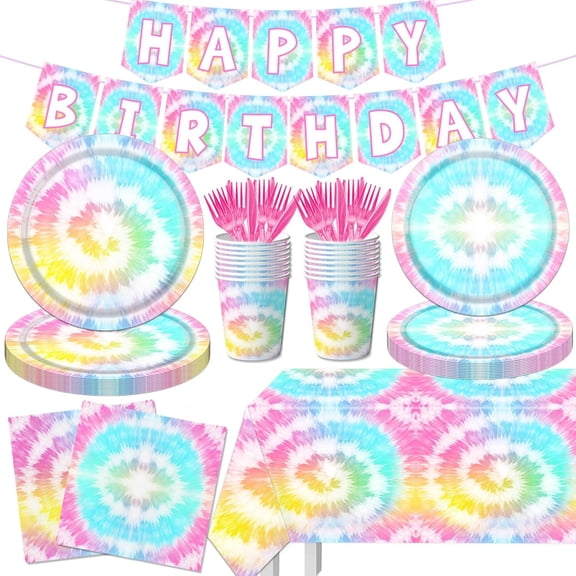 142Pcs Tie Dye Birthday Party Decorations,Colorful Birthday Party Supplies Tableware Includes Tie Dye Plates and Napkins,Cups,Tablecloth,Happy birthday Banner, Serve 20