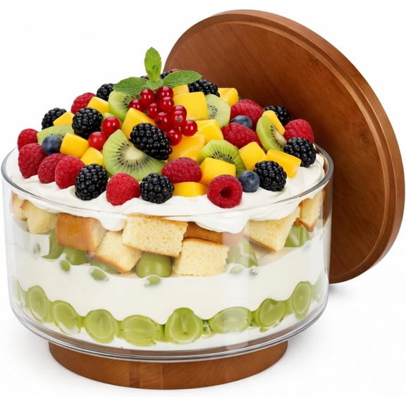 142oz Large Trifle Bowl with Pedestal, Clear Glass Salad Bowl with Wooden Lid, Trifle Dish for Cakes, Salads, Fruit, Dessert Display for Parties, Weddings and Celebrations, Microwave & Dishwasher Saf