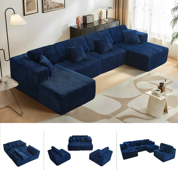 143.3'' U-Shaped Modular Sectional Sofa, Convertible Corduroy Floor Couch with Movable Ottomans, Oversized 6-Piece No Assembly Sectional for Living Room or Apartment, Blue