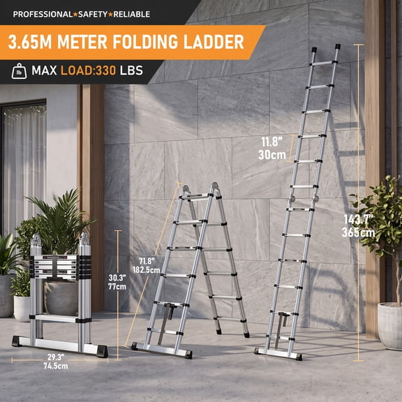 143.7 Inch Multi-Purpose A-Frame Multi-Position A-Frame Folding Ladder, Heavy-Duty Steel Construction, Safe & Stable Climbing, Foldable & Space-Saving Design, Versatile for Indoor & Outdoor Use