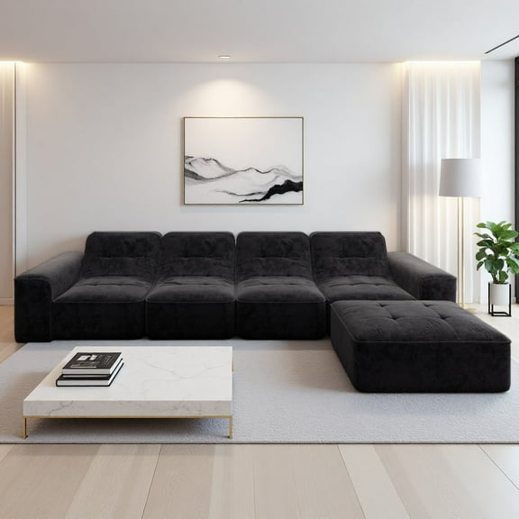 143.7" L-Shaped Modular Sectional Sofa, Modern Tufted Sparkling Chenille Upholstered Sectional Couches, No Assembly Required, Black, 4-Seat with Movable Ottoman