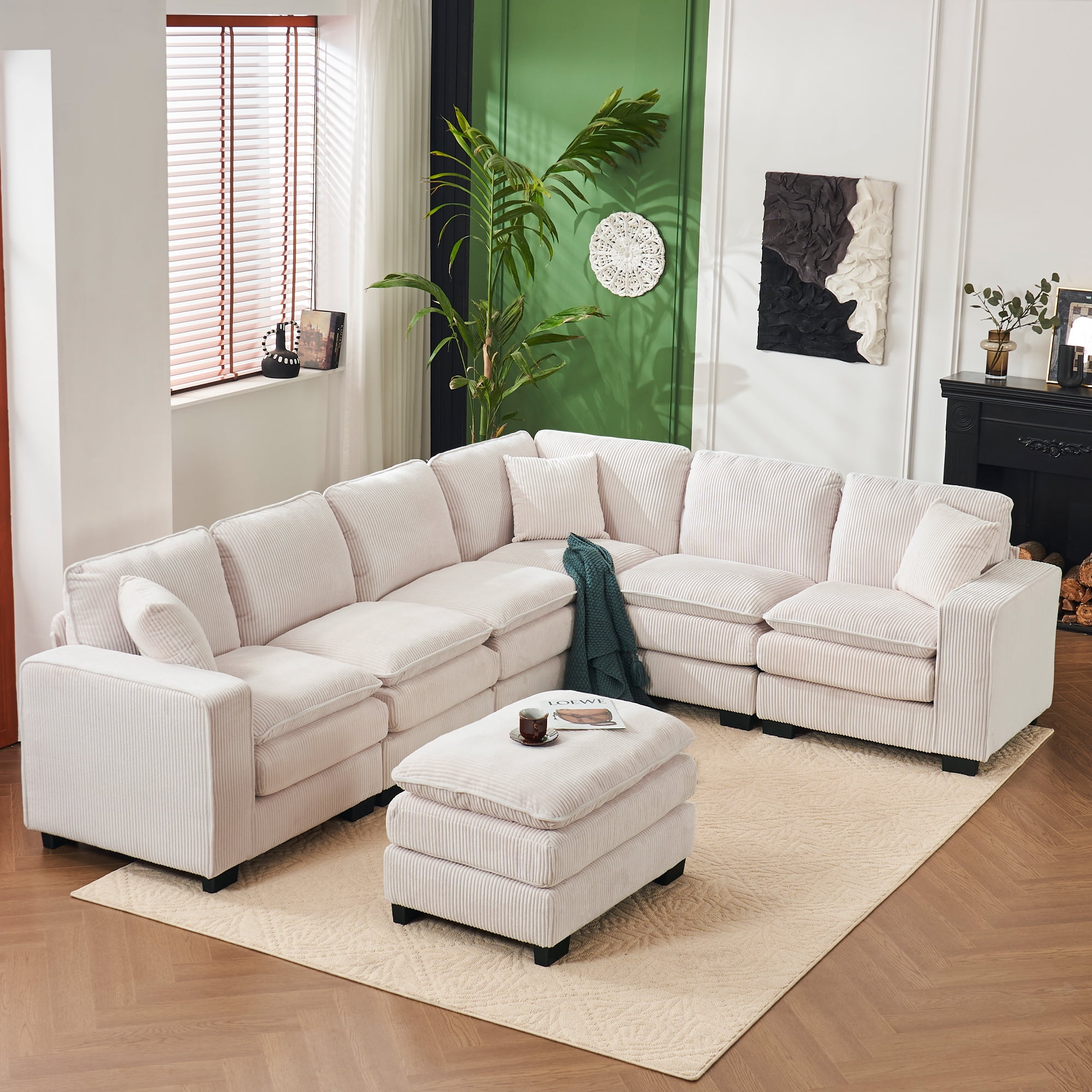 143.7 '' L-shaped Modular Sectional Couch, Corduroy 6-seater
