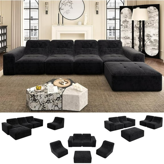 143.7" Modular Sectional Cloud Couch with Movable Ottoman Chaise Longue,5-Seater L Shaped Sectional Sleeper Sofa,Upholstered Deep Seat Boneless Couches for Living Room,No Assembly Required