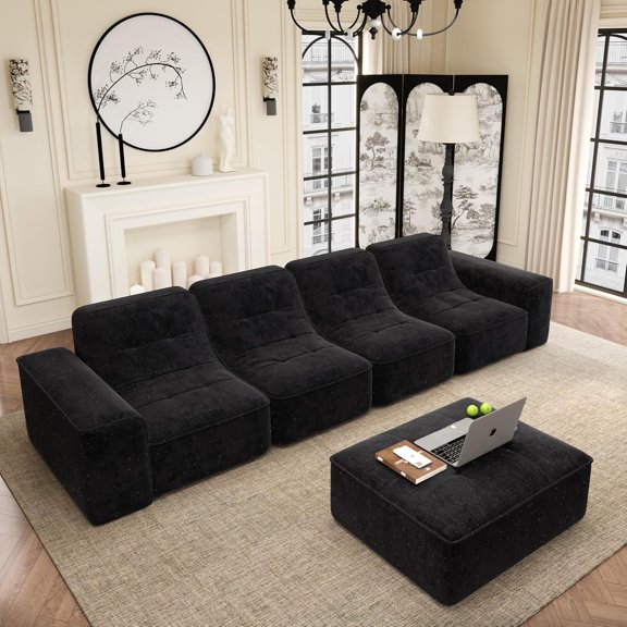 143.7'' Modular Sectional Sofa, Oversized Boneless Couch, Sparkling Chenille L-Shaped Couch with Curved Backrest, 5-Seater Deep Seat Convertible Couches for Living Room, Apartment, Black