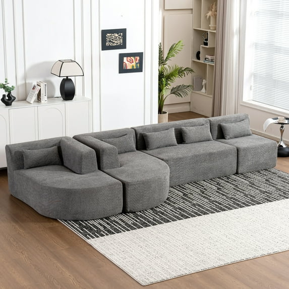 143.7" Upholstered Sofa Free-combined Sofa Couch with Two Chaise Lounge and Five Back Pillows for Living Room, Beige
