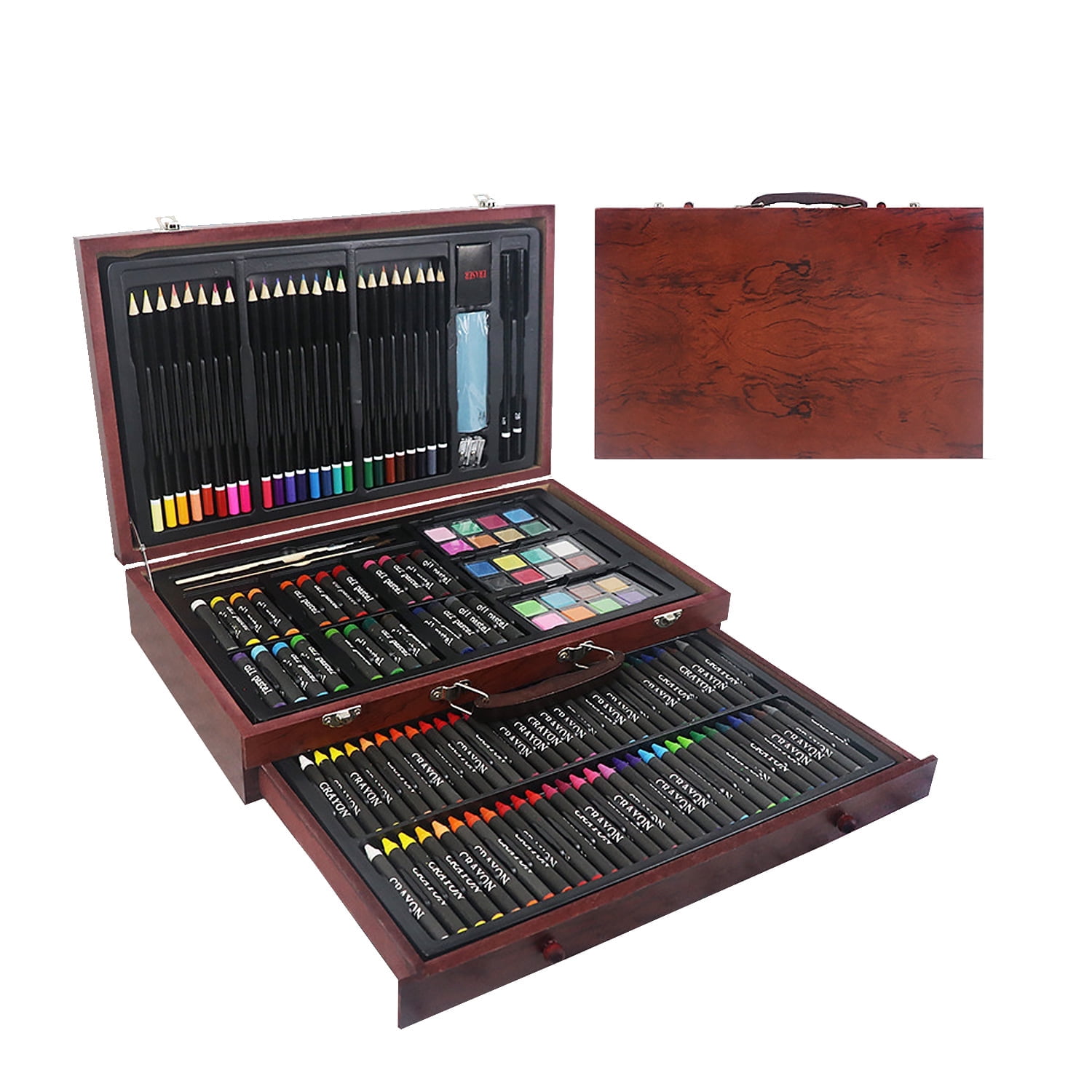 143-Piece Art Supply, Wood Box Painting and Drawing Set in Storage Case, 2 Sketch Pads, 24 Watercolor Paint Colors, Colored Pencils, 60 Crayons, Brushes, Artist Kit