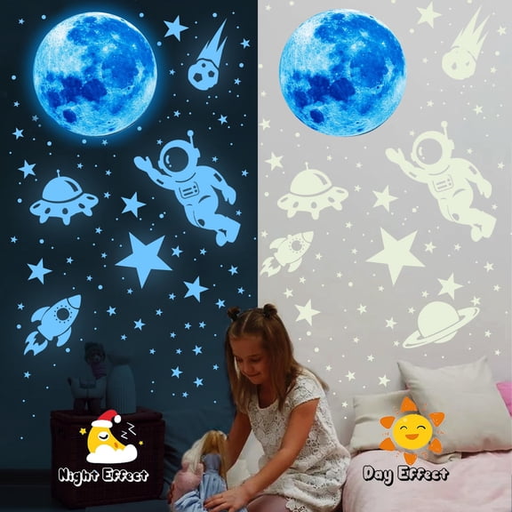 1430-Piece Glow in the Dark Stars, Blue Moon & Space Rocket Wall Decals for Ceiling and Room Decoration