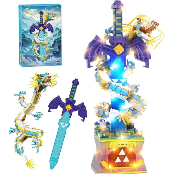 1433PCS The Master Dragon Swords Building Blocks Toys(Mini Bricks),A Unique Sword with Dragon Connection Base with Led Lighting, TOTK Decoration Display Gift for 14+