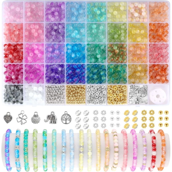 1435 Piece Glass Beads Set, 6mm Round Crystal Beads in 34 Marbled Colors, Colorful Beads for Jewelry Making, DIY Crafts and Bracelet Making