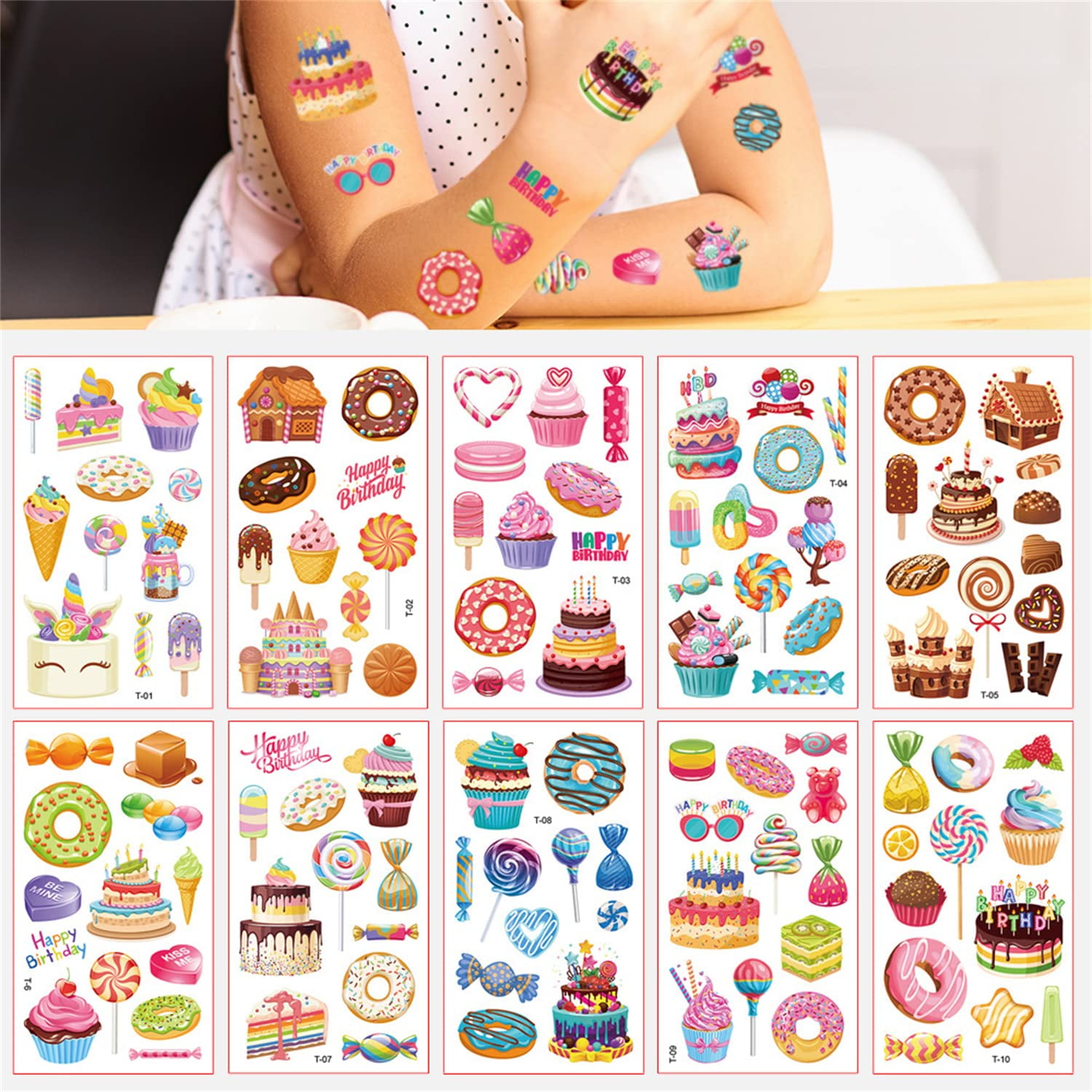143Pcs Fun Donut Temporary Tattoos for Kids Girls Colorful Waterproof