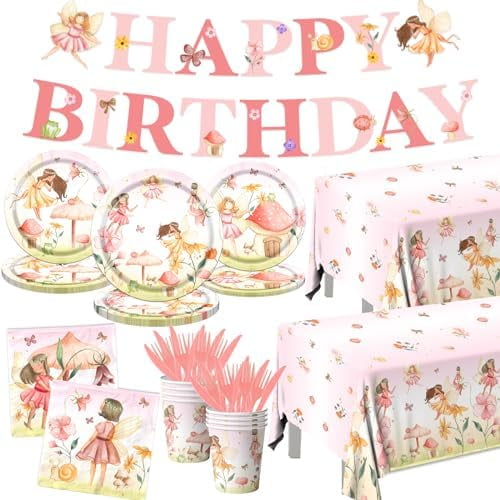 143pcs Fairy Birthday/Baby Shower Decorations - Disposable Tableware (Banner, Plates, Cups, Utensils) for Enchanted Forest Garden Party, Serves 20