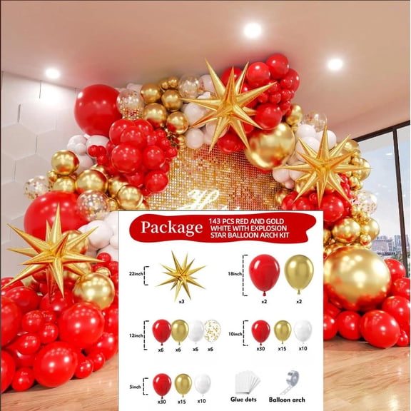 143pcs Red Gold White Balloon Kit, Different Sizes Pack for Birthday Graduation Baby Shower Valentines Christmas Wedding Party Decorations，Style 12